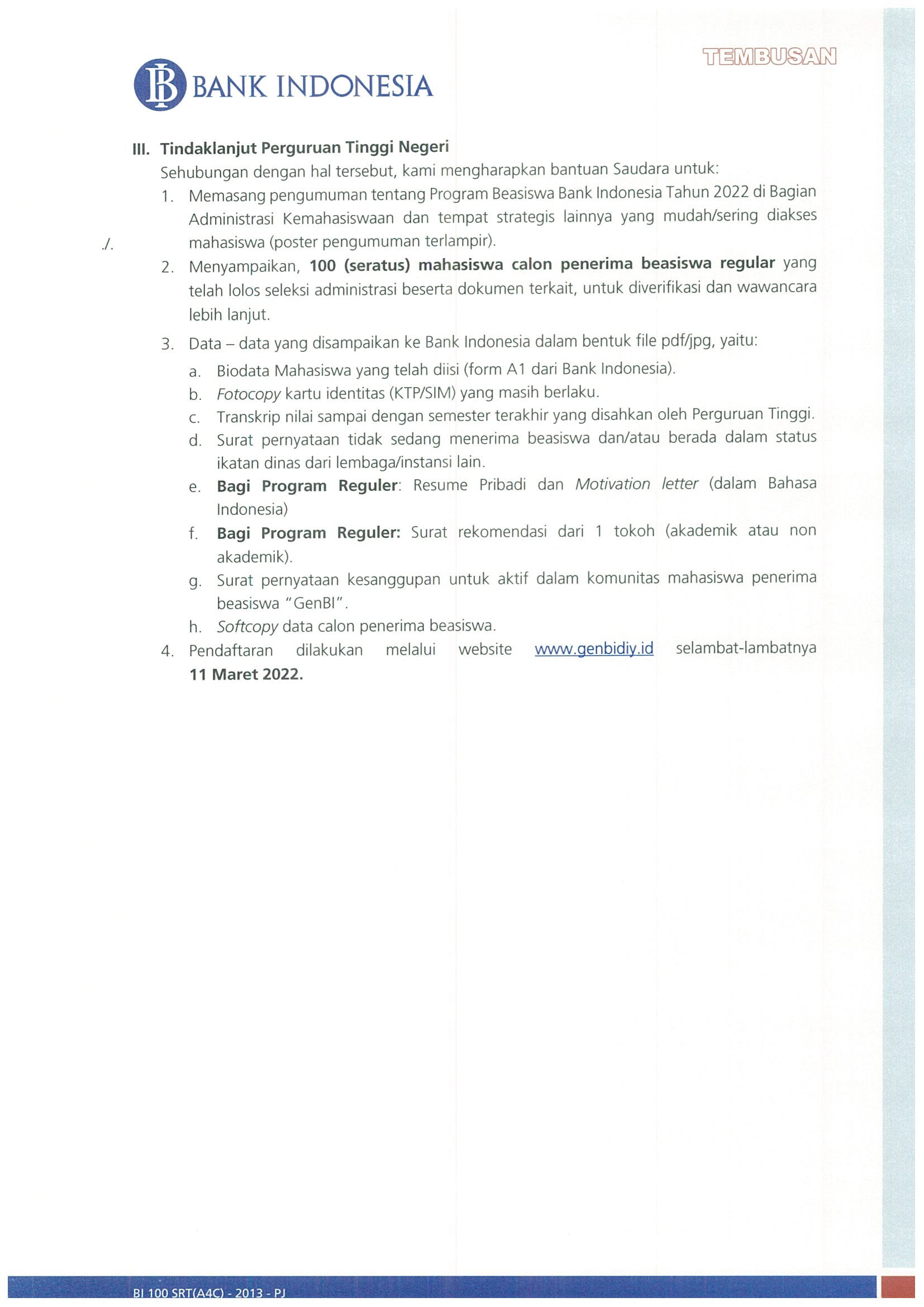 Beasiswa bank indonesia 2022